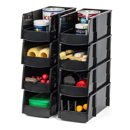 IRIS USA Large Stackable Storage Bins, 8-Pack, 13"L x 6"W x 5"H, |Made in USA|, Plastic Open Front Shelf Bin for Organizing Parts, Hardware, Tools, Supplies, Garage Shelf, Pantry - Black - size: Large - 8 Pack
