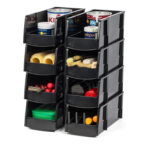 IRIS USA Large Stackable Storage Bins, 8-Pack, 13"L x 6"W x 5"H, |Made in USA|, Plastic Open Front Shelf Bin for Organizing Parts, Hardware, Tools, Supplies, Garage Shelf, Pantry - Black - size: Large - 8 Pack