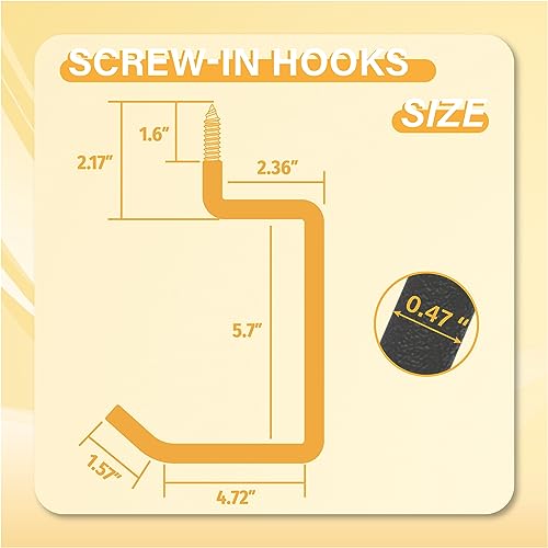 Screw in Ladder Hook, Black Heavy Duty Tool Holders 4PC, Bike Hooks, Wall Mount Garage Storage Hanger, Shelf Organizer for Hanging Bike, Ladder, Folding Chair, Cord - size: 5.7'' (Width:4.72'')