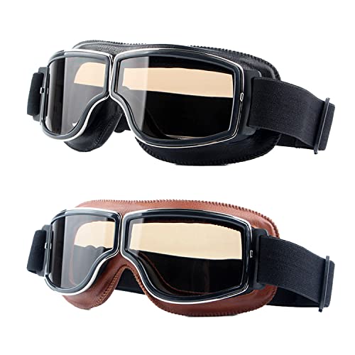 LJDJ Motorcycle Goggles,2 Pack Vintage Anti Fog Pilot PU Leather Glasses Dustproof ATV Off Road Motorbike Helmet Eyewear Protect for Ridding Motorcross Classes Aviator Goggles for Men Women Adult - color: Black+brown Frame/Tawny Lens
