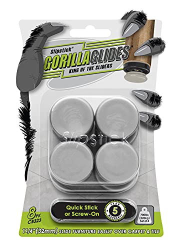 GorillaGlides CB323 1-1/4 Inch Furniture Sliders/Chair Glide Floor Protectors (Set of 8 Glides) Self-Adhesive Screw On Furniture Glides for Low Pile Carpet and Hard Surface Flooring, Round - size: 1-1/4 Inch - 8 Pack