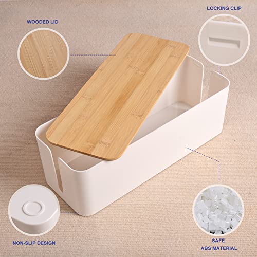 Cable Management Box - Wooden Style Large Cord Organizer Box to Hide Wires & Power Strips | Desk Computer Cable Organizer Box | Safe ABS Material |16" (L) x 6.2" (W) 5.3" (H)|for Home & Office - White - size: Large