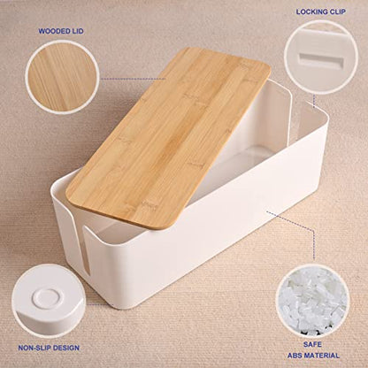 Cable Management Box - Wooden Style Large Cord Organizer Box to Hide Wires & Power Strips | Desk Computer Cable Organizer Box | Safe ABS Material |16" (L) x 6.2" (W) 5.3" (H)|for Home & Office - White - size: Large