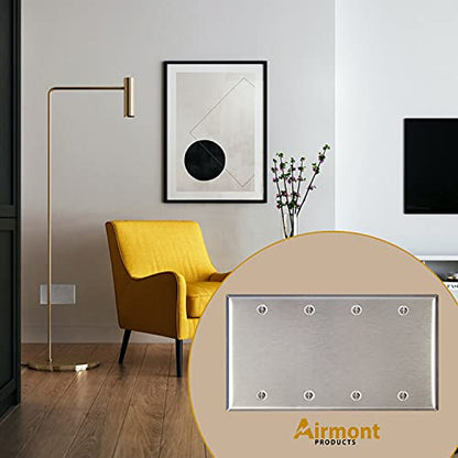 AP-10414, Stainless Steel Blank Wall Plate, 4 Gang Standard Size 4.50" x 8.19" Corrosion and Heat Resistant, Unbreakable Metal, Silver, Cover Unused Electrical Sockets or Switch Holes - size: 4 Gang