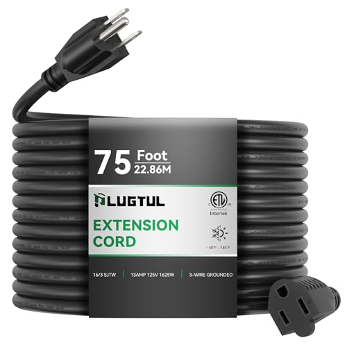 PLUGTUL Extension Cord 75 FT, 16/3 Outdoor Extension Cord Waterproof, Heavy Duty 3 Prong Extension Cord Black, 13A 1625W SJTW, ETL Listed, Great for Garden and Home - size: 75FT
