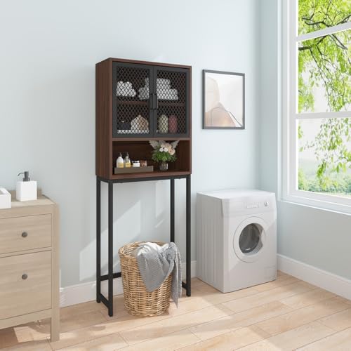 Launica Over The Toilet Storage Cabinet, Bathroom Organizer Over Toilet, Wood Metal Industrial Bathrooms Space Saver Shelf, Freestanding Bathrooms Cabinet Above Toilet with Rack, Walnut - color: Walnut