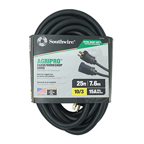 Southwire AGRIPRO 10/3 Extra Heavy Duty Extension Cord, 25ft, Farm/Workshop Cord, SJTOW, Black, 64817501 - color: Black, size: 10/3 Gauge, style: 25 ft