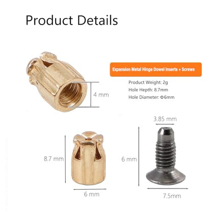 Durable and Robust 6mm Expansion Metal Hinge Dowel Inserts with Screws–Door Hinge Repair Kit for Secure Cabinet Door Fastening,Pack of 50