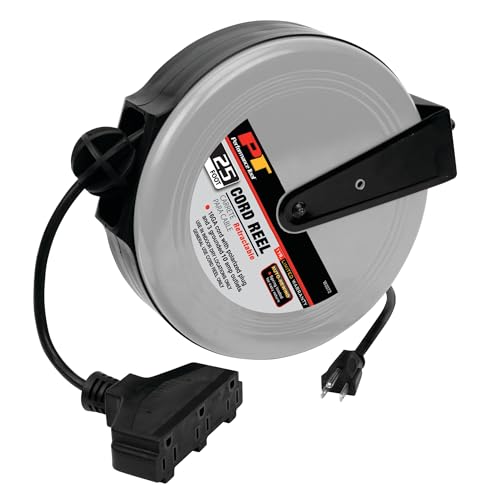Performance Tool W2272 Retractable Cord Reel for Outlet Extension in Workshops and Home, Black/Gray, 25 feet - size: 25 Feet