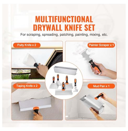 Drywall Knife Set 6PC - Stainless Steel Putty Knives - 3, 4, 6, 8, 12 Inch with Mud Pan for Painting, Spackling, Wall Repair & Home Improvement