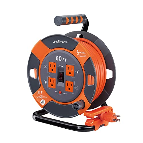 Link2Home Cord Reel 60 ft. Extension Cord 4 Power Outlets – 14 AWG SJTW Cable. Heavy Duty High Visibility Power Cord. - size: 60 Feet