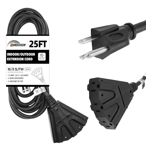 3-Outlets Indoor Outdoor Extension Cord Weatherproof, UL Certified, 16 Gauge 25FT Black 3 Prong Heavy Duty, 16/3 SJTW 13A Power Cord - color: Black, size: 25FT