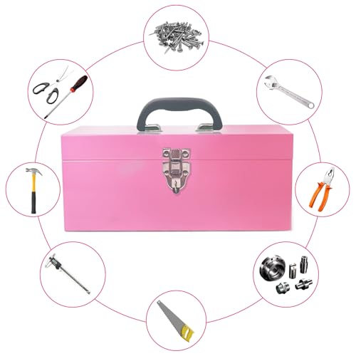 16" Small Tool Box Mini Toolbox Small Metal Tool Box Portable Locking Metal Toolbox with Latch Closure Pink - color: Pink
