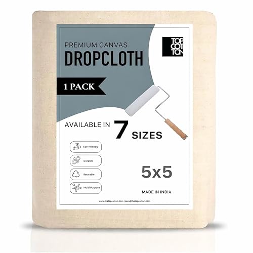 Top Cotton Canvas Drop Cloth 1Pc, Reusable Paint Drop Cloth, 100% Recycled Cotton Canvas Tarp Cover for Painter, Furniture, Floor Protection, All Purpose Painters Dropcloth for Christmas DIY (5x5FT) - size: Pack of 1 - 5' x 5' (Extra Coverage)