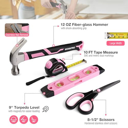 WORKPRO Pink Tool Set, 258 PCS Tool Kit for Women, Basic Household Case with Hammer, Screwdriver Set, Portable for Home Repair, New Apartment, House-Warming, DIY - Pink Ribbon