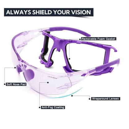 UKNOW Safety Glasses - Anti Fog Wraparound Lenses - Removable Foam Gasket - ANSI Z87.1 Protective Eyewear - Impact Resistant - color: Purple With Light Tint