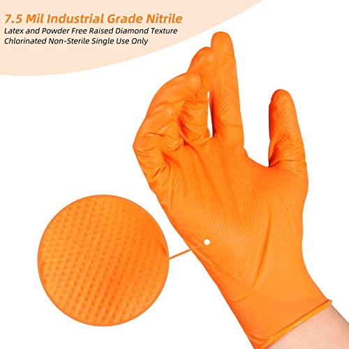 LOGO Orange Disposable Nitrile Gloves-7.5mil Grip Diamond Textured heavy duty automotive mechanic compostable (50pcs/box)