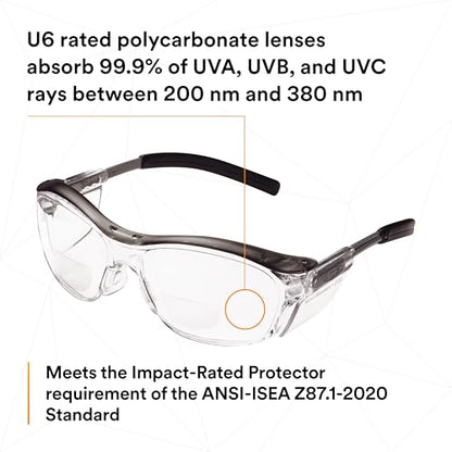 3M Safety Glasses with Readers, Nuvo Readers, +2.0 Diopter, Pack of 1, ANSI Z87, Clear Lens, Gray Frame, Soft Nose Bridge, Side Shields - color: Clear Lens (+2.0), Gray Frame, size: +2.0 Diopter