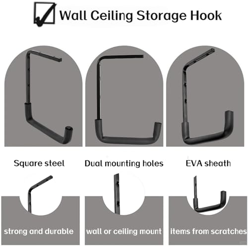 4pcs Ceiling Mounted Garage Hooks, Overhead Garage Storage Rack, Utility Ladder Hangers for Lumber Bike Tools (9.45 x 12.6 Inch)