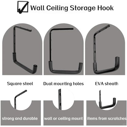 4pcs Ceiling Mounted Garage Hooks, Overhead Garage Storage Rack, Utility Ladder Hangers for Lumber Bike Tools (9.45 x 12.6 Inch)