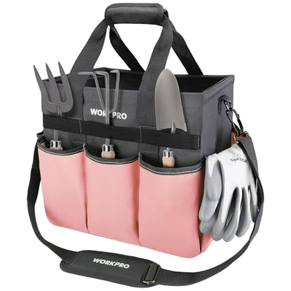 WORKPRO Garden Tool Bag, Heavy Duty Gardening Tote Bag Organizer with 10 Pockets and Long Adjustable Shoulder Strap, Standable Garden Home Tool Kits Organizer, Pink - Pink Ribbon - color: Pink