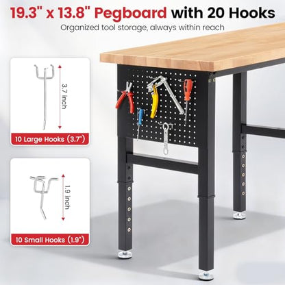 ENJOYWOOD Workbench 84 Inch Heavy Duty Rubber Wood Top Work Bench Adjustable Height Work Table 5000 Lbs Load Capacity with Power Outlets & Extended Pegboard for Garage, Home, Office - size: X-Large