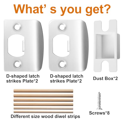 4 Pack Door Latch Strike Plate-Stainless Steel Door Lock Strike Plate Repair Kits-Standard Door Latch Restorer Reinforcement Plate with 6 Wood Dowel Strips for Home Office Door Frame Repair