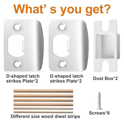 4 Pack Door Latch Strike Plate-Stainless Steel Door Lock Strike Plate Repair Kits-Standard Door Latch Restorer Reinforcement Plate with 6 Wood Dowel Strips for Home Office Door Frame Repair