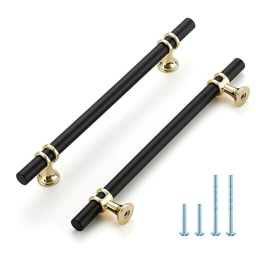 HOME EDIT Matte Black and Brushed Brass Cabinet Handles, 6-1/4 Inch Hole Center Modern T-Bar Drawer Pulls, Decorative Hardware for Cabinets, Dressers, and Drawers, 10 Pack - color: Brushed Brass and Matte Black, size: 6-1/4 Inch Hole Center