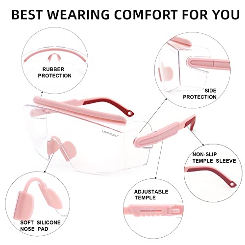 UKNOW Safety Goggles Over Glasses, Anti Fog Safety Glasses with Clear Wraparound Lens, ANSI Z87.1 Protective Eyewear - color: Melon Pink