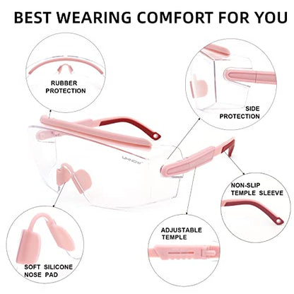 UKNOW Safety Goggles Over Glasses, Anti Fog Safety Glasses with Clear Wraparound Lens, ANSI Z87.1 Protective Eyewear - color: Melon Pink
