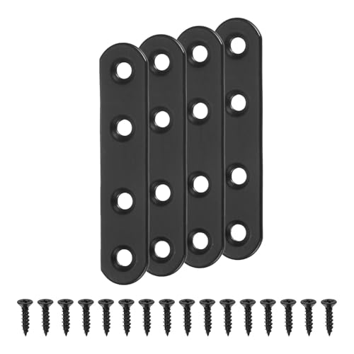 uxcell 4 Set Flat Repair Plates, 0.63 x 3 Inch Stainless Steel Flat Straight Brace Bracket Mending Joining Plates with Screws for Fixing Wooden Furniture Corner, Black