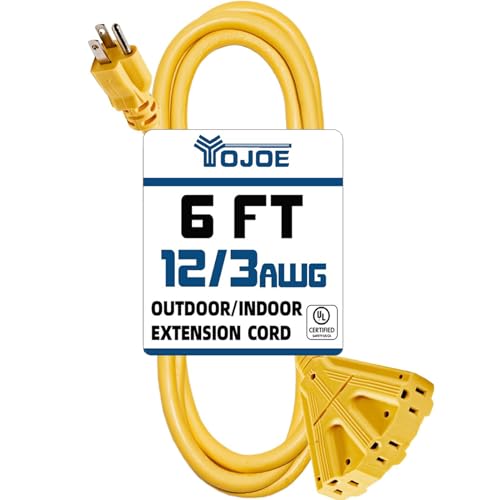 YOJOE 3-Outlets Indoor Outdoor Extension Cord, 3 Prong 15A Weatherproof Power Cord Multiple Outlets, 12 Gauge Heavy Duty 6 ft Yellow Extension Cord for Garage, Garden, 12/3 SJTW UL Listed - color: Yellow, size: 6 Foot