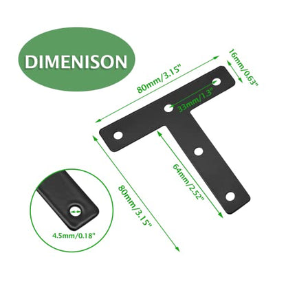 Uenhoy 10 Pcs T Shape Flat Mending Plates 80mm x 80mm (3.15" x 3.15") T Corner Braces T Bracket Connector Fixing Repair Plates for Furniture, Black - size: 80x80mm/3.15"x3.15", style: T Shape