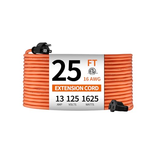 KTMC 25ft 16AWG Outdoor Extension Cord, Indoor/Outdoor 25-Foot SJTW 16/3 Gauge Extension Cable with Durable Weatherproof PVC Vinyl Jacket, 3-Prong Grounded Plug, ETL Certified 13A 1625W, Orange - size: 25FT