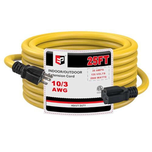 EP 25 Ft 10 Gauge Outdoor Extension Cord with T-Blade Plug, Heavy Duty NEMA 5-20 P/R Power Cord, 20A 250V 10/3 STW Cable for Lawn, Garden, Appliance, Yellow - size: 25ft