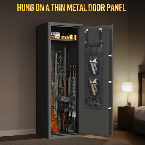 Gun Safe Door Organizer,Handgun Hanger with Elastic Triple Mag Pouch and Mesh Organizer Pockets,Gun Safe Accessories Gun Cabinet Storage,Easy to Install 9.2W*32H Inch
