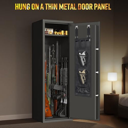 Gun Safe Door Organizer,Handgun Hanger with Elastic Triple Mag Pouch and Mesh Organizer Pockets,Gun Safe Accessories Gun Cabinet Storage,Easy to Install 9.2W*32H Inch