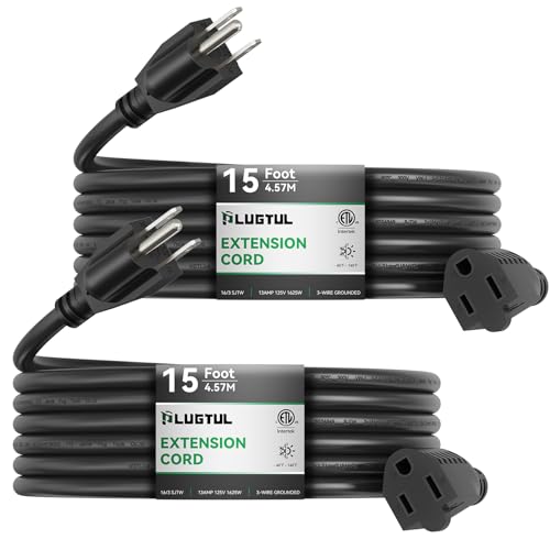 PLUGTUL 2-Pack 15 FT Outdoor Extension Cord Waterproof 16/3 Black Heavy Duty 3 Prong Extension Cord, 13A 1625W SJTW, ETL Listed, Great for Garden and Home - size: 15FT-2Pack