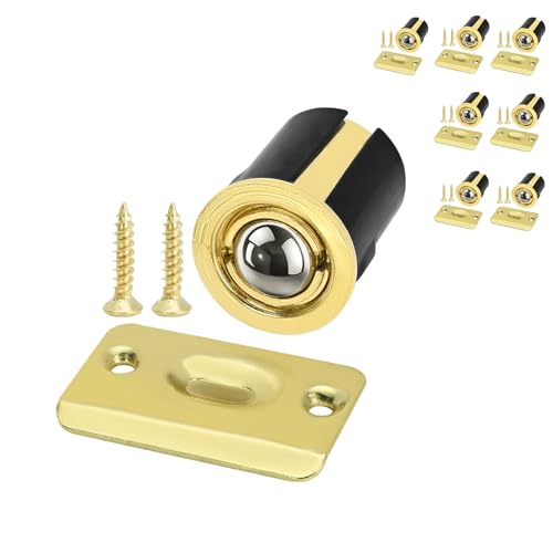 HOMOTEK 8 Pack Drive in Ball Catch with Strike Plate for Closet Doors, Bright Brass, 13/16 Inch x 1-1/8 Inchs,Die-cast, Adjustable Tension Ball - color: Gold, size: 8 Pack