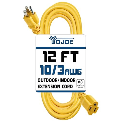 YOJOE Indoor Outdoor Extension Cord, 3 Prong 15A Weatherproof Power Cord, 10 Gauge Heavy Duty 12 ft Yellow Extension Cord for Garage, Garden and Home, 10/3 SJTW UL Listed - color: Yellow, size: 12 Foot, style: 1-Outlet