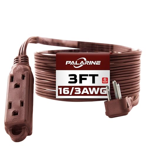 Flat Plug Extension Cord with 3 Outlets Extender, Indoor Extension Cord Power Strip, 16 Gauge 3FT Brown 3 Prong, 16/3 SPT-3 13A, UL Listed - color: Brown, size: 3 FT