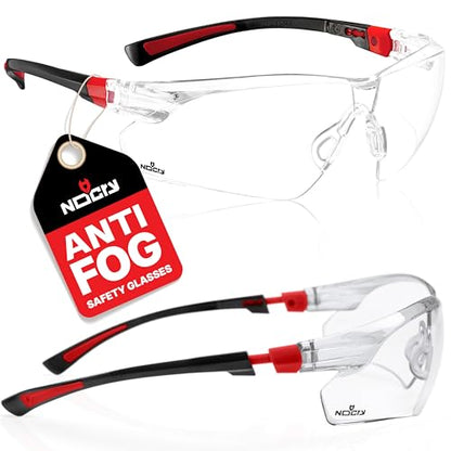 NoCry Clear Safety Glasses for Men and Women with Anti-Fog and Scratch Resistant Wrap Around Lenses, Adjustable Temples and Nose Pads — ANSI Z87 Certified Protective Eyewear with 100% UV Shielding - color: Black & Red