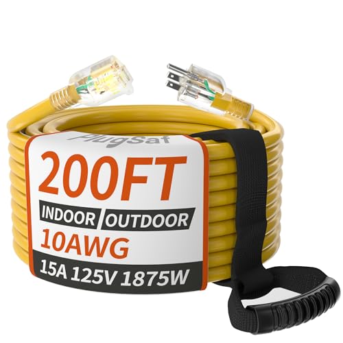 200ft 10 Gauge Outdoor Extension Cord Waterproof with Lighted Indicator,10 AWG SJTW Heavy Duty 15Amp 1875W,3 Prong Cords Flexible Copper Yellow ETL Listed - size: 200FT