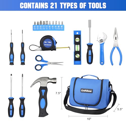 21-Piece Basic Household Hand Tool Kit,Home Repair Tool Set Bag for Dorm/Office/DIY/Desk/Apartment(Blue) - color: Blue