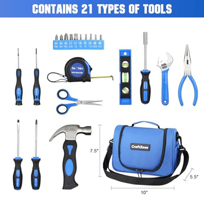 21-Piece Basic Household Hand Tool Kit,Home Repair Tool Set Bag for Dorm/Office/DIY/Desk/Apartment(Blue) - color: Blue