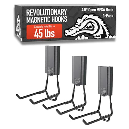 GATOR MAGNETICS MEGA 4.5 in Open Hooks, 45 lb Heavy Duty Magnetic Hooks for Steel Surfaces, Patented Easy-Release, Non-Slip Grip – Storage & Organization, Garage, Home Tools & Gear Storage – 3 Pack - size: 4.5", style: Open
