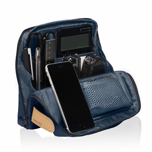 KOKUYO Pencil Case Pouch, Haco-Biz Standing Pen Pouch Bag, Foldable Stand up Pencil Holder Organizer, Large Capacity Portable Pencil Box for Office Supplies - color: Indigo Blue