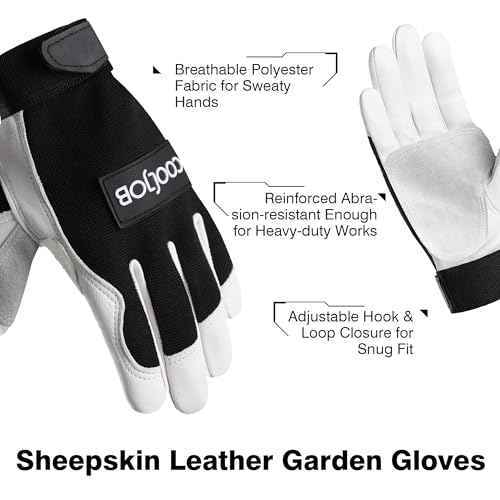 COOLJOB Sheep Skin Leather Garden Gloves with Abrasion Resistant Grip, Thorn Puncture Proof Work Gloves for Landscaping, M-XL - size: X-Large