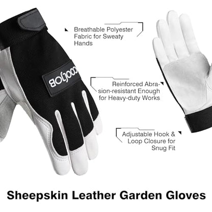 COOLJOB Sheep Skin Leather Garden Gloves with Abrasion Resistant Grip, Thorn Puncture Proof Work Gloves for Landscaping, M-XL - size: X-Large